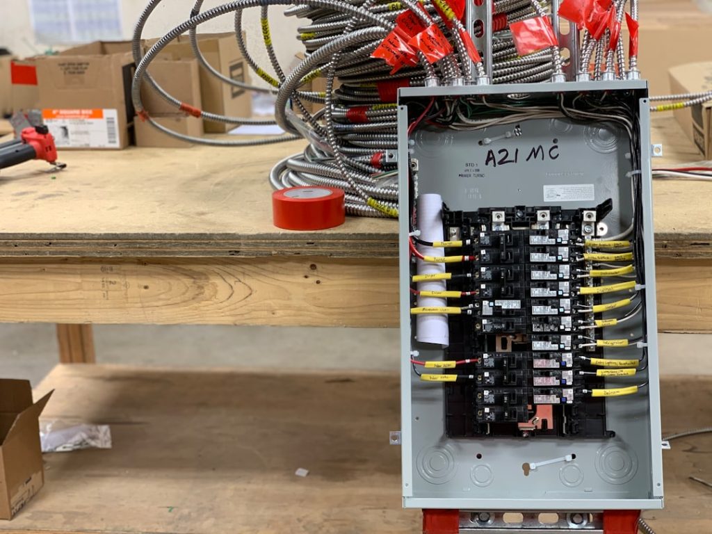 Prefabrication of an electrical panel with wires and breakers
